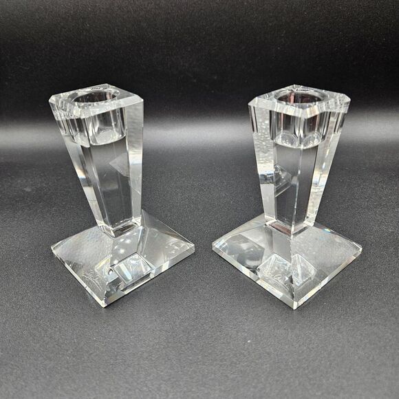 Oleg Cassini Signed‎ 4" Crystal Candle Sticks Holders Pair Set Square - Picture 1 of 9